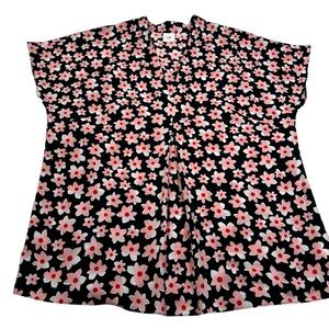 Cabi Floral Blouse Size Large Black Pink Red V-Neck Cap Sleeve